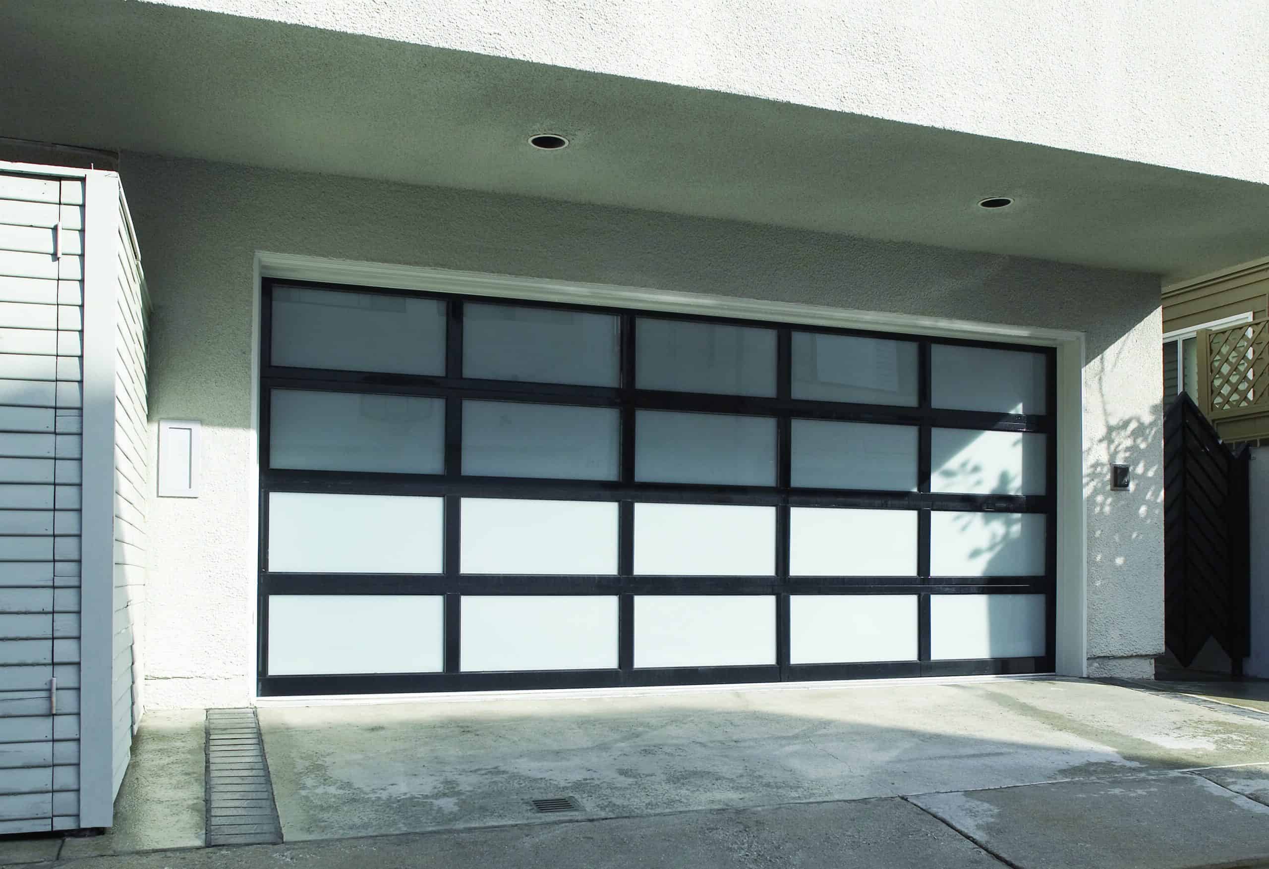 Contemporary Black Aluminum & White Laminate (Privacy) Glass Garage Do —  Lux Garage Doors