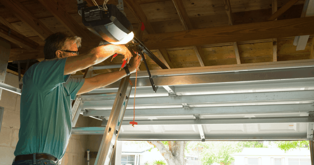 man repairing garage door opener