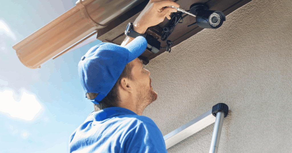 man installing security camera on home exterior